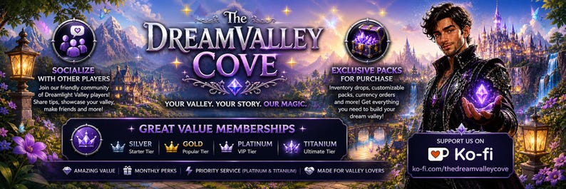 May include: A promotional banner for "The DreamValley Cove" featuring a fantasy landscape with a castle and mountains. Text includes "Socialize," "Exclusive Packs," and membership tiers: Silver, Gold, Platinum, and Titanium. A man holds a glowing gem.