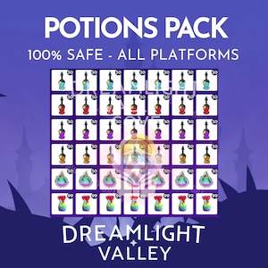 May include: A grid of colorful potion bottles and pixelated graphics, with the text "POTIONS PACK" and "DREAMLIGHT VALLEY". The image includes the text "100% SAFE - ALL PLATFORMS".
