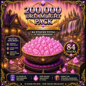 Può includere: Immagine di arte digitale a tema fantasy. L'immagine mostra una grande ciotola piena di cristalli rosa, con il testo "200.000 Dreamlight Pack". Il testo aggiuntivo include "84 Stacks Total of Dreamshards" e "Over 200.000 Dreamlight!"