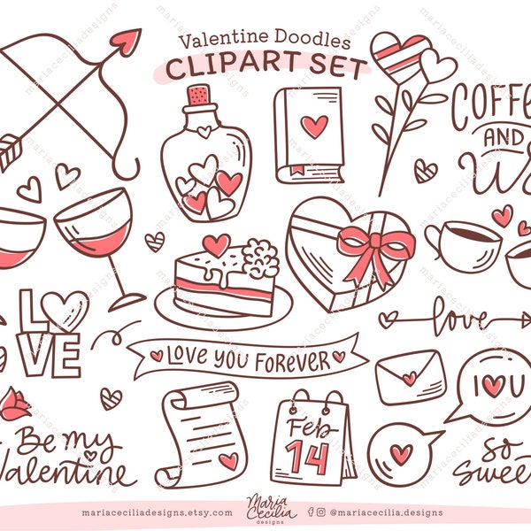 Valentines Day Hearts Love Doodle Clipart PNG, February Digital Planner Clipart, Instant Download