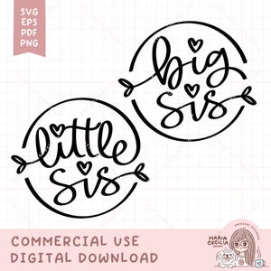 Könnte beinhalten: Zwei schwarz-weiße Kreisdesigns mit dem Text "big sis" und "little sis" in einer handschriftlichen Schriftart. Jedes Design hat ein kleines Herz über dem Text und ein kleines Blatt auf jeder Seite des Textes.
