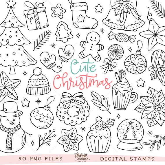 Cute Christmas Doodle Clipart, PNG Digital Stamps (Digital Download)