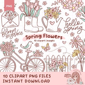 Spring Flower Doodle Clipart PNG, Hello Spring Floral Designs, Bloom with Grace, Printable Stickers,  Instant Download, Commercial Use