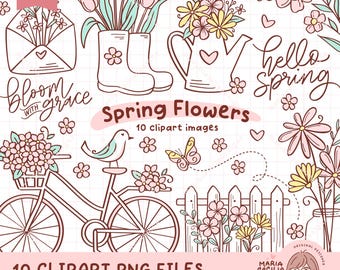 Frühling Blumen Doodle Clipart, Floral PNG Aufkleber (Instant Download)