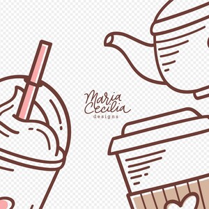 K&ouml;nnte beinhalten: Eine handgezeichnete Illustration einer braunen Kaffeetasse mit einem Herzdesign, einer braunen Teekanne mit einem rosafarbenen Blumendesign und einem braunen Eiskaffee mit Schlagsahne und einem rosa Strohhalm. Der Text "Maria Cecilia designs" ist in brauner Kursivschrift geschrieben.