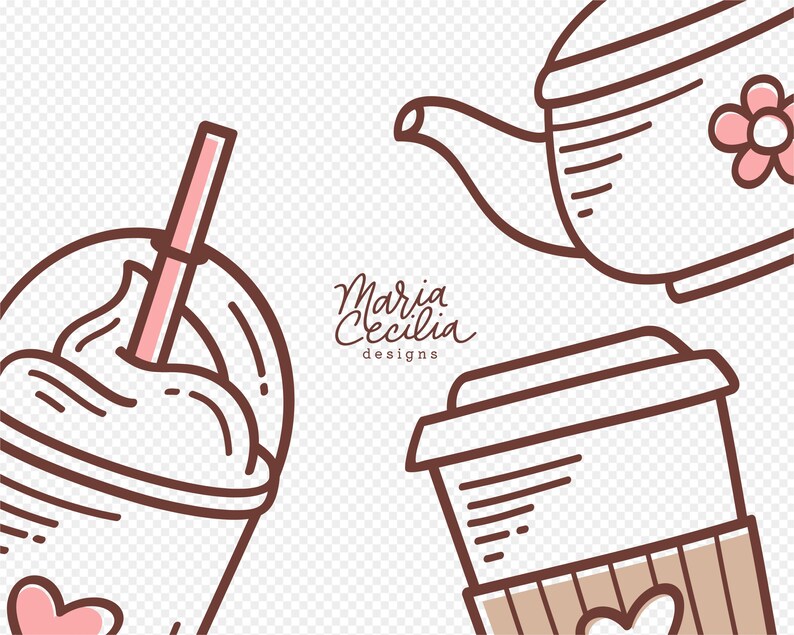 K&ouml;nnte beinhalten: Eine handgezeichnete Illustration einer braunen Kaffeetasse mit einem Herzdesign, einer braunen Teekanne mit einem rosafarbenen Blumendesign und einem braunen Eiskaffee mit Schlagsahne und einem rosa Strohhalm. Der Text "Maria Cecilia designs" ist in brauner Kursivschrift geschrieben.