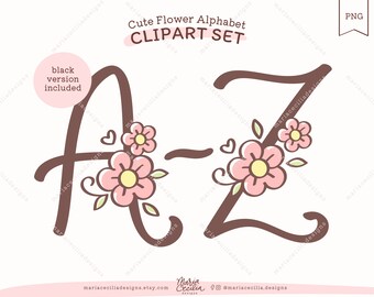 Floral Alphabet PNG Clipart, Blumen Buchstaben A-Z, schwarze Version (Instant Download)