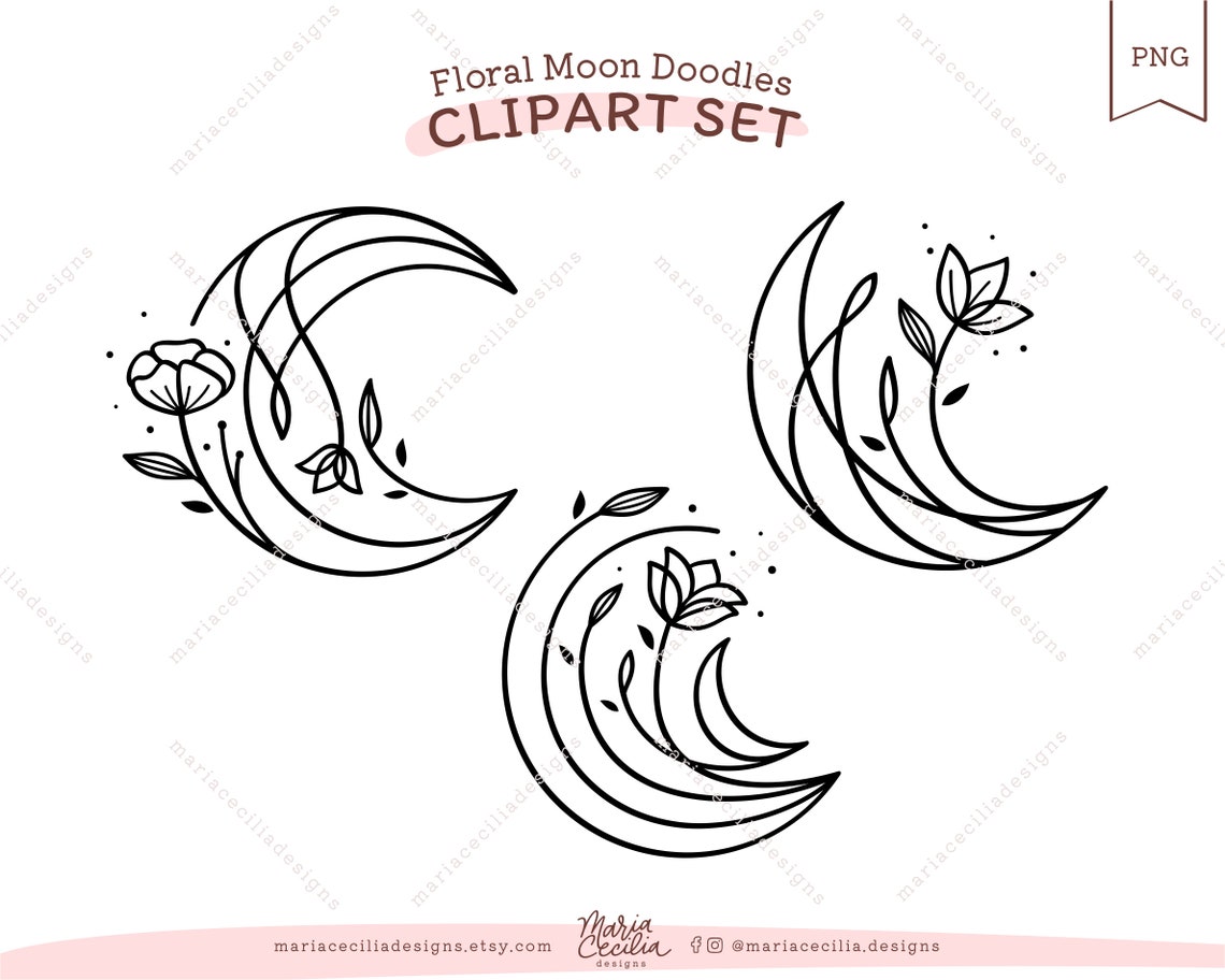 Floral Mirror On The Moon Scan Vf Moon Flower Clipart PNG, Luna Floral Line-art, Doodle Art Moon
