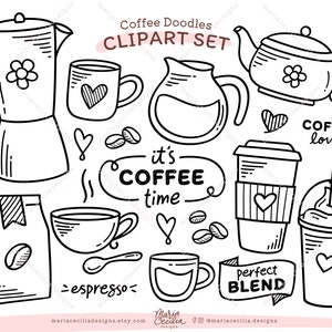 K&ouml;nnte beinhalten: Ein Schwarzwei&szlig;-Clipart-Set mit Strichzeichnungen zum Thema Kaffee. Das Set enth&auml;lt eine Kaffeekanne, eine Kaffeetasse, einen Kaffeepackung, eine Kaffeetasse, eine Kanne, eine Teekanne, eine Kaffeetasse mit einem Herzen, eine Kaffeetasse mit einem Strohhalm und eine Kaffeetasse mit einem Herzen und dem Text "perfect blend".