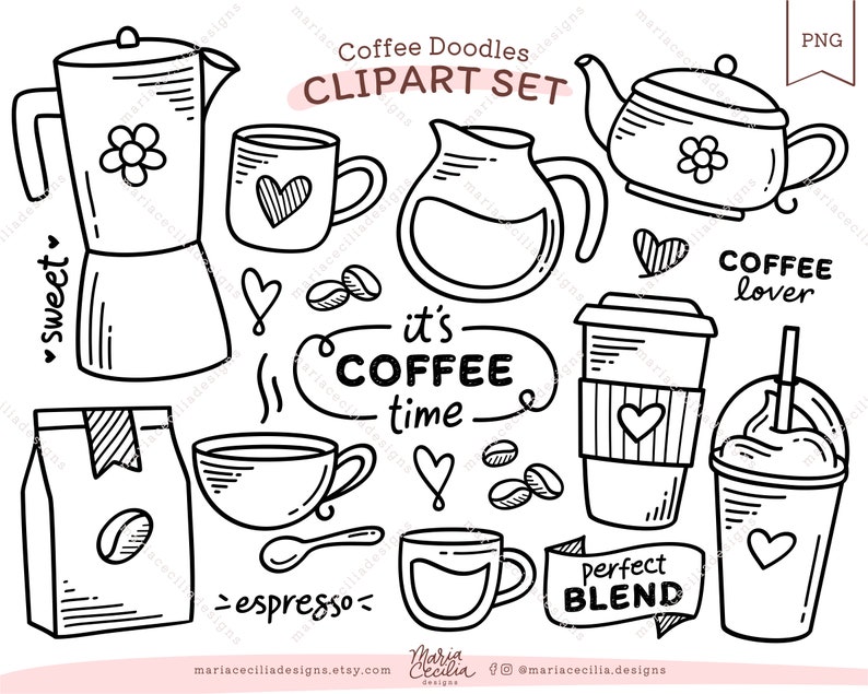 K&ouml;nnte beinhalten: Ein Schwarzwei&szlig;-Clipart-Set mit Strichzeichnungen zum Thema Kaffee. Das Set enth&auml;lt eine Kaffeekanne, eine Kaffeetasse, einen Kaffeepackung, eine Kaffeetasse, eine Kanne, eine Teekanne, eine Kaffeetasse mit einem Herzen, eine Kaffeetasse mit einem Strohhalm und eine Kaffeetasse mit einem Herzen und dem Text "perfect blend".