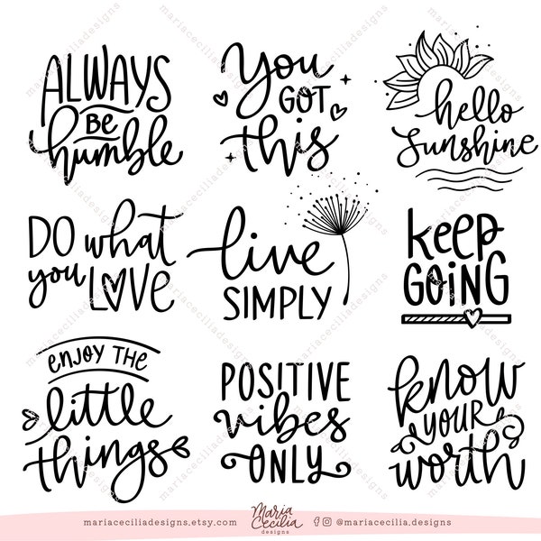 18 Inspirational Quotes SVG, Cutting files for Cricut, Motivational Quotes Bundle, Positive Quotes, Mental Health, Hand Lettered Sayings