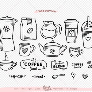 K&ouml;nnte beinhalten: Ein Schwarzwei&szlig;-Illustrationsset mit Kaffee-Motiven, darunter eine Kaffeekanne, eine Kaffeetasse, eine Kaffeet&uuml;te, eine Teekanne, ein Coffee-to-go-Becher, ein Kaffee-Smoothie, ein L&ouml;ffel und Kaffeebohnen. Der Text "es ist Kaffeezeit", "perfekte Mischung" und "Kaffeeliebhaber" ist ebenfalls in der Illustration enthalten.
