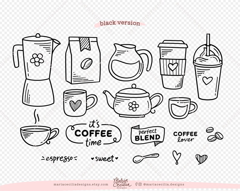 K&ouml;nnte beinhalten: Ein Schwarzwei&szlig;-Illustrationsset mit Kaffee-Motiven, darunter eine Kaffeekanne, eine Kaffeetasse, eine Kaffeet&uuml;te, eine Teekanne, ein Coffee-to-go-Becher, ein Kaffee-Smoothie, ein L&ouml;ffel und Kaffeebohnen. Der Text "es ist Kaffeezeit", "perfekte Mischung" und "Kaffeeliebhaber" ist ebenfalls in der Illustration enthalten.