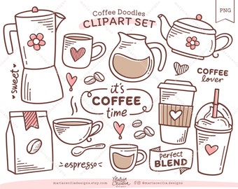 Kaffe Doodle Clipart PNG, Kawaii handritad kaffekonst (digital nedladdning)