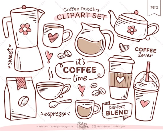 Coffee Doodle Clipart PNG, Kawaii Hand Drawn Coffee Art (Digital Download)