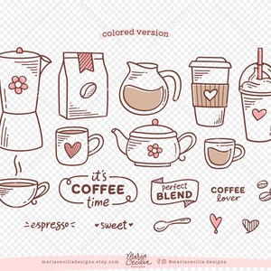 K&ouml;nnte beinhalten: Ein Satz handgezeichneter Kaffeebilder in Rosa und Braun. Die Illustrationen beinhalten eine Kaffeekanne, einen Kaffeesack, eine Teekanne, eine Tasse Kaffee, eine Kaffeetasse, einen Coffee-to-go-Becher, einen Kaffeesmoothie, einen L&ouml;ffel und Kaffeebohnen. Der Text "es ist Kaffeezeit", "perfekte Mischung" und "Kaffeeliebhaber" ist ebenfalls enthalten.