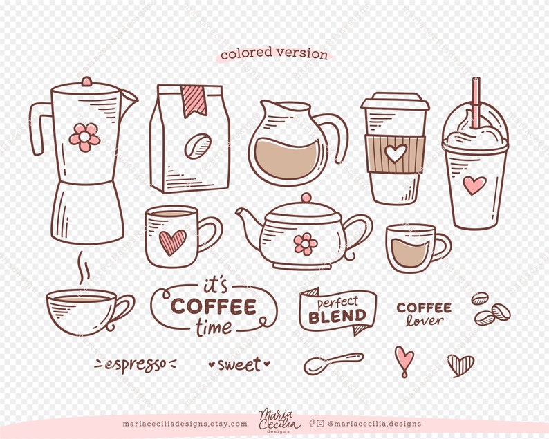K&ouml;nnte beinhalten: Ein Satz handgezeichneter Kaffeebilder in Rosa und Braun. Die Illustrationen beinhalten eine Kaffeekanne, einen Kaffeesack, eine Teekanne, eine Tasse Kaffee, eine Kaffeetasse, einen Coffee-to-go-Becher, einen Kaffeesmoothie, einen L&ouml;ffel und Kaffeebohnen. Der Text "es ist Kaffeezeit", "perfekte Mischung" und "Kaffeeliebhaber" ist ebenfalls enthalten.