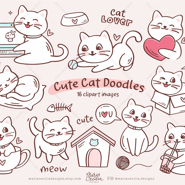 Cute Kawaii Cat Doodles Clipart PNG, Cat Planner Stickers, Digital Printable Stickers, Instant Download