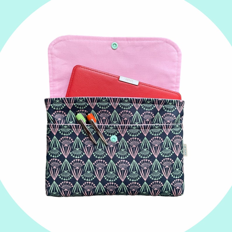 pink and teal flowers, cute kindle cover, bookish gifts for kindles, ereader sleeve with pocket, tablet case, travel accessories for women image 1