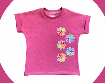 hot pink shirt with flowers, rainbow flower tshirt, cute toddler girl shirts, 1st bday gift for girl, dolman tee shirts, grow with me shirt