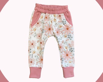 floral jogger pants, 12 month girl clothes, dusty pink joggers with pockets, first birthday outfit girl winter, cottagecore kids clothes