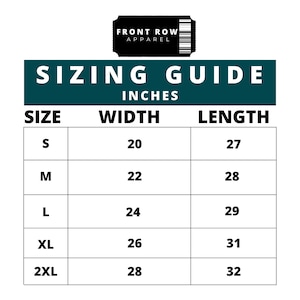 May include: Sizing guide for apparel in inches. The table shows sizes S, M, L, XL, and 2XL with corresponding width and length measurements.