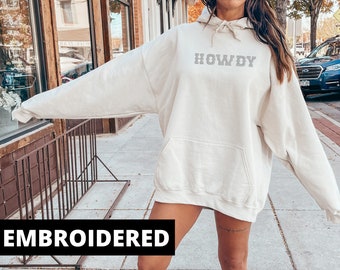Embroidered Howdy Sweatshirt: Sand Beige Country Western Hoodie