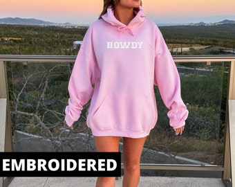Embroidered Howdy Pink Hoodie: Oversized Country Western Sweatshirt