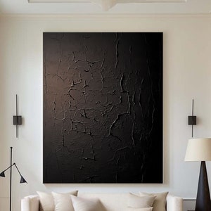 Large Black Abstract Painting: Hand-Painted Charred Texture Wabi-Sabi Wall Art