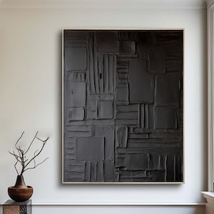 Große original schwarze minimalistische Wandkunst, schwarze abstrakte Malerei, schwarze 3D strukturierte Malerei, schwarze moderne minimalistische Kunst, schwarze 3D Kunst