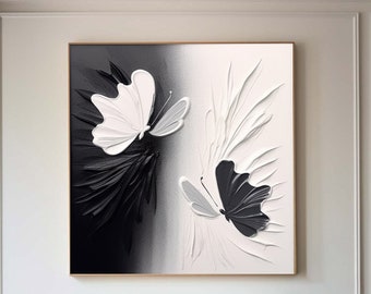 black and white butterfly-themed 3D texture mural, black and white minimalist art, black and white abstract painting, black and white 3D art