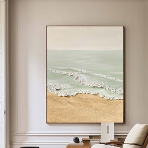 Art mural vert 3D marron Art mural texturé plage Peinture d'art abstrait vert Peinture abstraite verte vague océanique Art mural marron