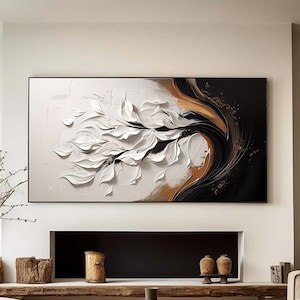 3D Textured Abstract Painting: Black, White & Brown Minimalist Mural