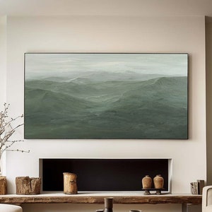Large Green Abstract Mountain Painting: Textured Scandinavian Art