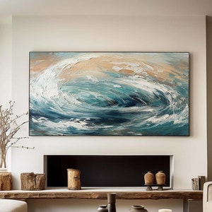 Abstract Ocean Wave Oil Painting On Canvas, Large Wall Art, Original Blue Sea Painting, Minimalist Art, Custom Painting Living Room Decor