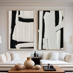 Large Set of 2 black white abstract minimalist painting, texture painting, white abstract painting, Scandinavian art living room painting