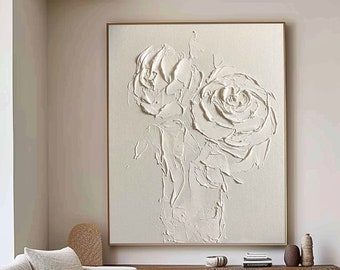 Large white 3D abstract flower painting 3D texture white painting white minimalist painting living room abstract painting texture painting