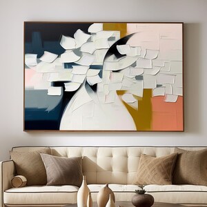 Large white blue and yellow 3D Textured Mural，Modern Scandinavian 3D Abstract Wall Art，Colorful Textured Painting for Interior Decor