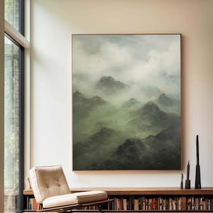Large Green Abstract Mountain Painting: Modern Living Room Canvas Art