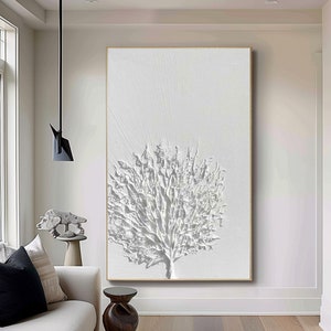 White, minimalist painting, white wall art, white canvas painting, white abstract art, 3D texture, white tree painting