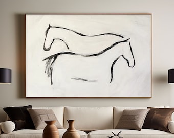 Minimalist Horse Oil Painting: Black and White Abstract Animal Art
