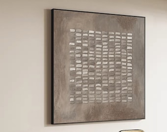 Large wabi-sabi style 3D plaster wall art decoration, gray-brown and beige minimalist textured mural, gray-brown and beige abstract painting