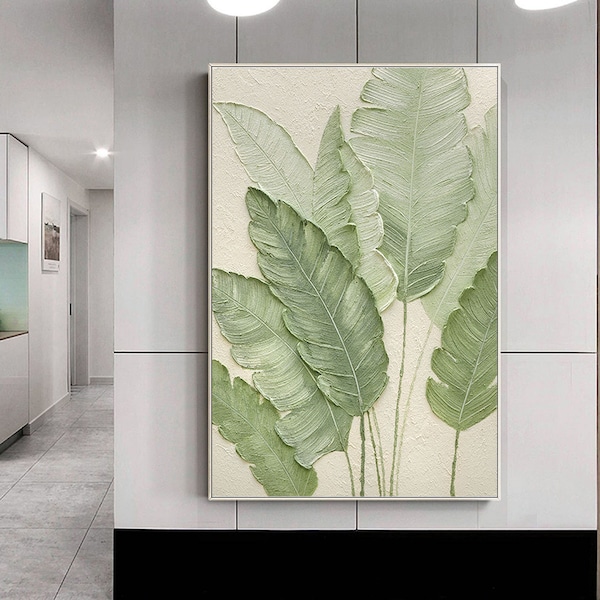 Large Nordic Green Beige abstract wall Green 3D texture painting abstract leaf painting modern living room abstract painting Minimalist Art