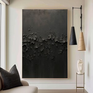 Black Charred Texture Painting: 3D Minimalist Abstract Wall Art