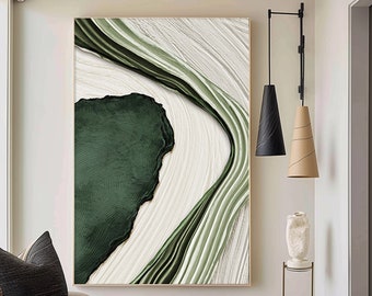 Large Green Abstract 3D Texture Painting: Modern Minimalist Art