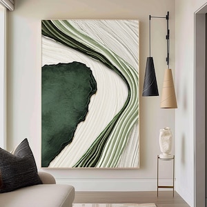 Large Green Abstract 3D Texture Painting: Modern Minimalist Art