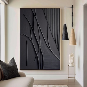 Schwarze moderne minimalistische Wandkunst, große schwarze moderne minimalistische Kunst, schwarze 3D-Texturmalerei, schwarze abstrakte Malerei, schwarze minimalistische Kunst