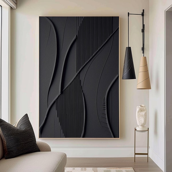 Large Black Minimalist Wall Art , Black 3D Texture Painting , Black Modern Simple Abstract Painting , Black Minimalist Art , Black 3D Art
