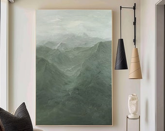 Large Green abstract Minimalist painting，texture painting Green canvas Mountain peak painting Green Mountain painting ，Scandinavian Art