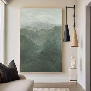 Large Green Abstract Mountain Painting: Textured Scandinavian Art